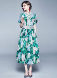 Vintage Printed Lapels Short Sleeve Mid-length Dress