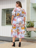 Flower Printed Short Flare Sleeve Floral Sashes A-Line Casual Dress XL-4XL