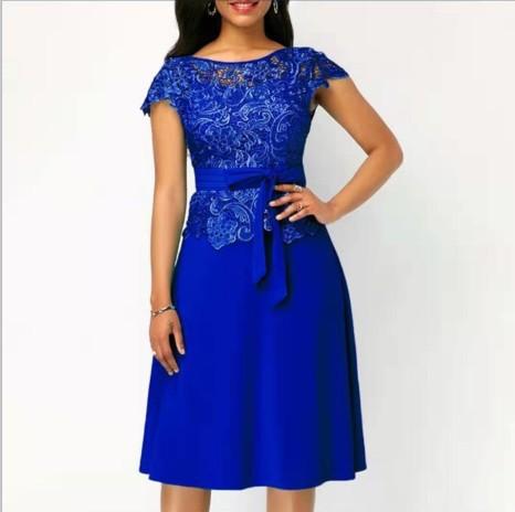 Elegant O-neck Short-sleeve Solid Color Lace Stitching Summer Party Dress S-5XL