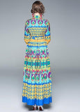 Lapel Long Sleeve Printed Pleated Long Fashion Dress