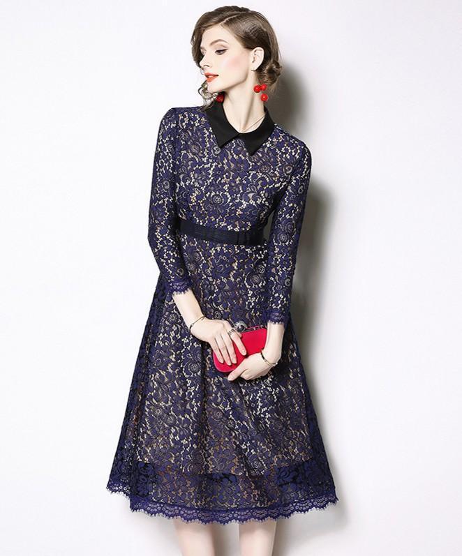 Fashion Lace Hollow Long Sleeves Midi Dress