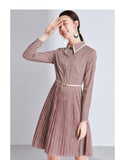 Lapel Long Sleeve Pleated A-line Midi Dress