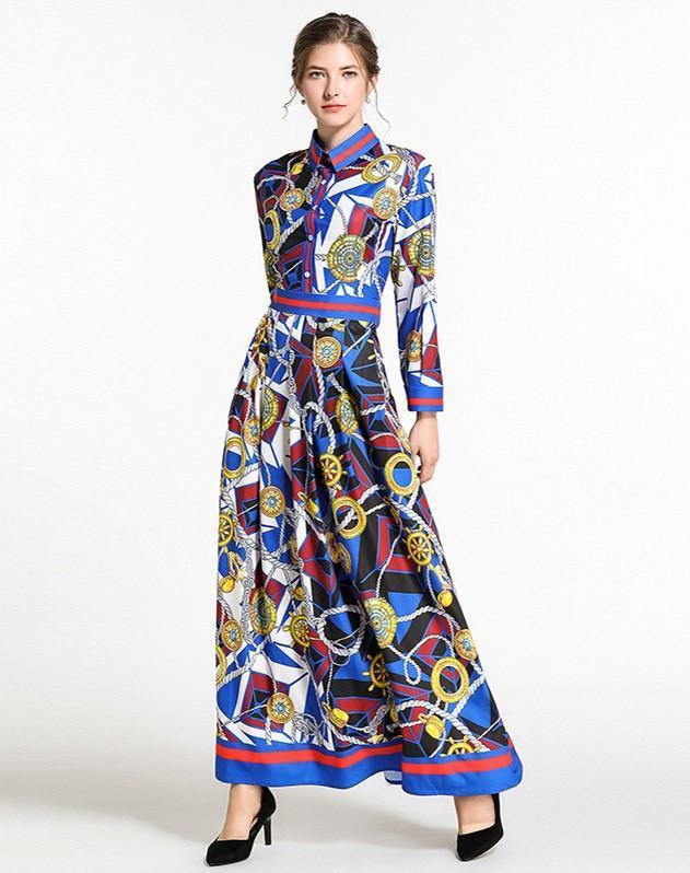 Fashion Print Long Sleeve Royal Court Dress
