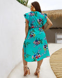 Bohemian Floral Print Sleeveless V-neck Irregular Dress XL-4XL