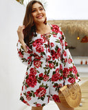 Lace up V Neck Long Sleeve Floral Print Rompers XL-4XL