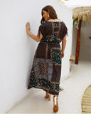 V Neck Floral Printed Casual Short Sleeve Bohemian Midi Dress XL-4XL