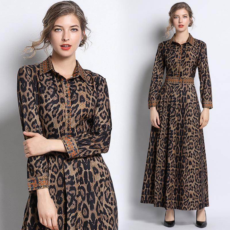 Fashion Leopard Print Lapel Long Sleeve Long Dress