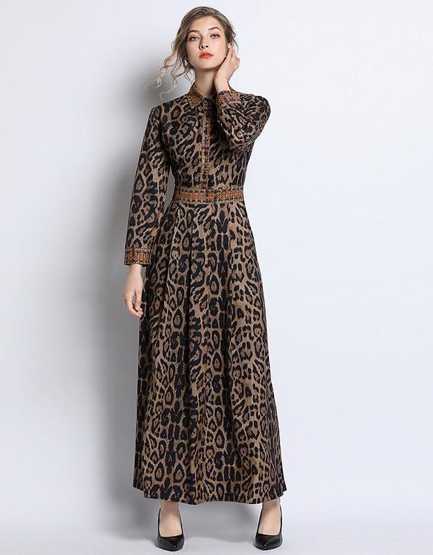 Fashion Leopard Print Lapel Long Sleeve Long Dress