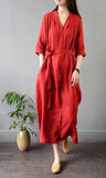 Linen V-neck lace-up Vintage Retro Head-length Midi Dress - Red