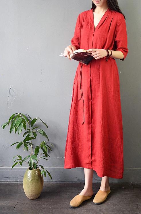 Linen V-neck lace-up Vintage Retro Head-length Midi Dress - Red