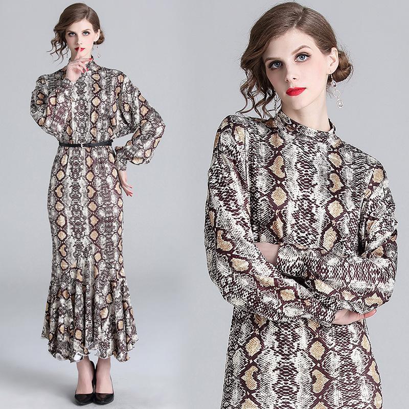 Vintage Print Long Sleeve Slim Long Fishtail Dress