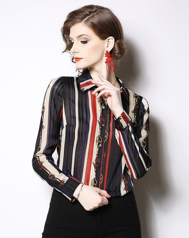 Fashion Lapel Long Sleeve Striped Print Shirt
