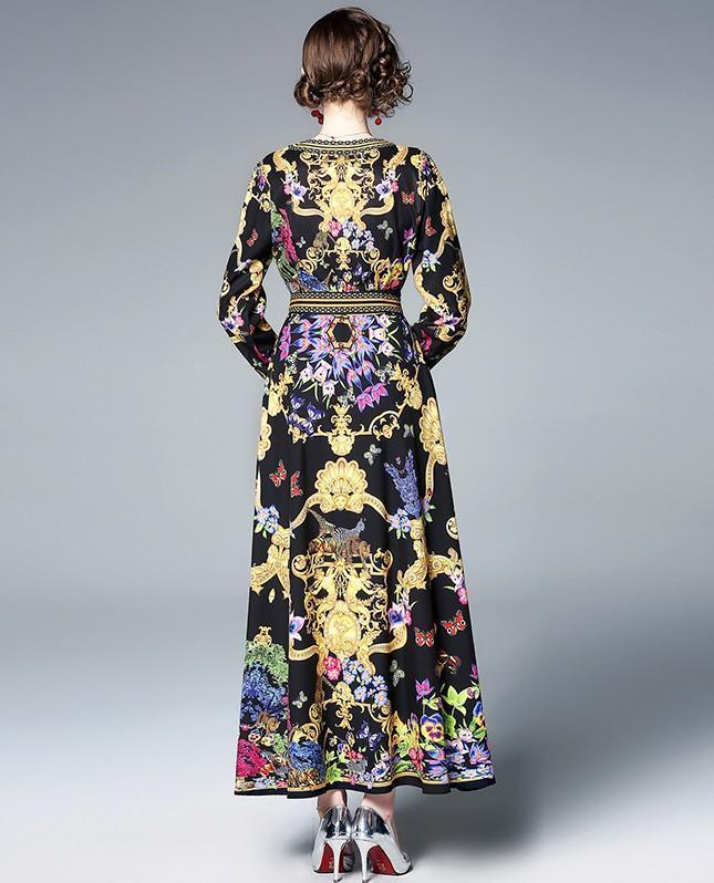 Retro V Neck Long Sleeve Floral Print Dress