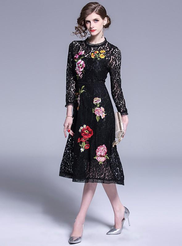 New Fashion Lace Embroidered Slim Long Dress