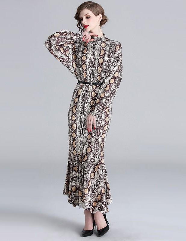 Vintage Print Long Sleeve Slim Long Fishtail Dress