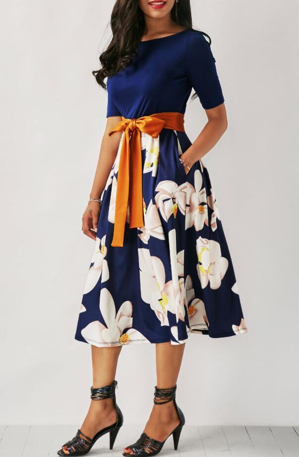 Elegant Short Sleeve O-neck Belt High Waist Printed Casual Wide Dresses S-5XL