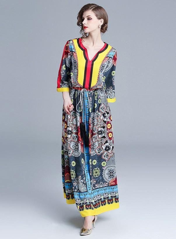 Fashion Three-quarter Sleeve Printed Long Dress