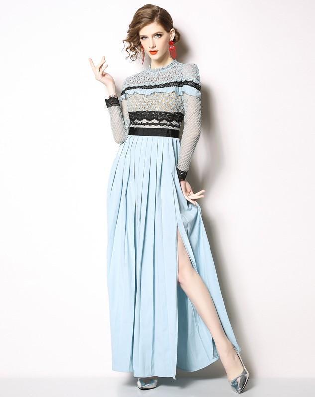 Fashion Lace Stitching Long Split Pleated Dresses