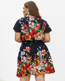 Summer Flower Floral Short Party Elastic Waist Dress XL-4XL