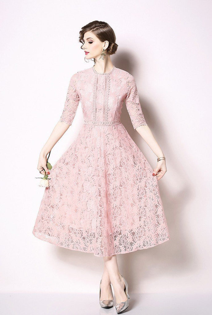 Fashion Pink Lace Stitching Slim Midi Dress