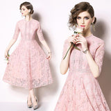 Fashion Pink Lace Stitching Slim Midi Dress