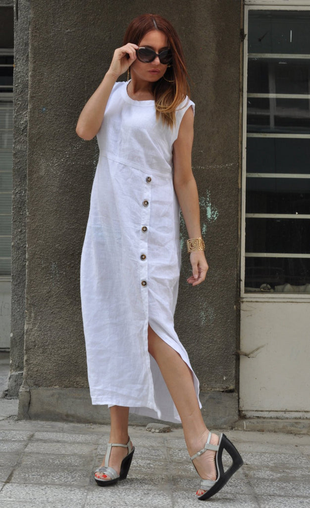 Solid Color White Cotton Linen Maxi Dress