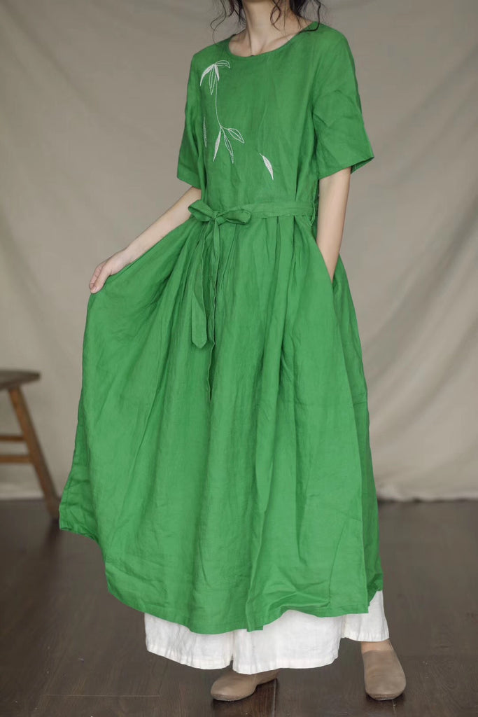 Embroidered Linen High Waist Loose Long Sleeve Dress
