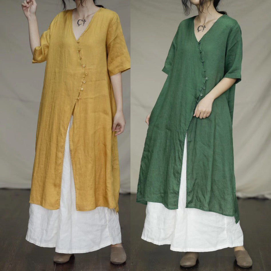 Loose V-neck Literary Linen solid Color Dress