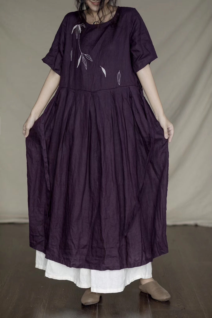 Embroidered Linen High Waist Loose Long Sleeve Dress