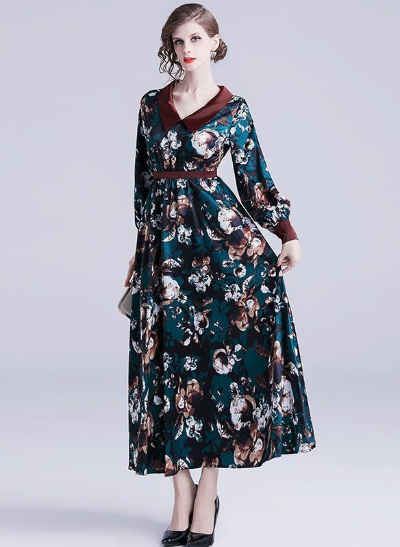 Retro Floral Print Long Sleeves Dress