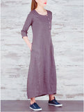 Round Neck Cotton and Linen Long Casual Dress
