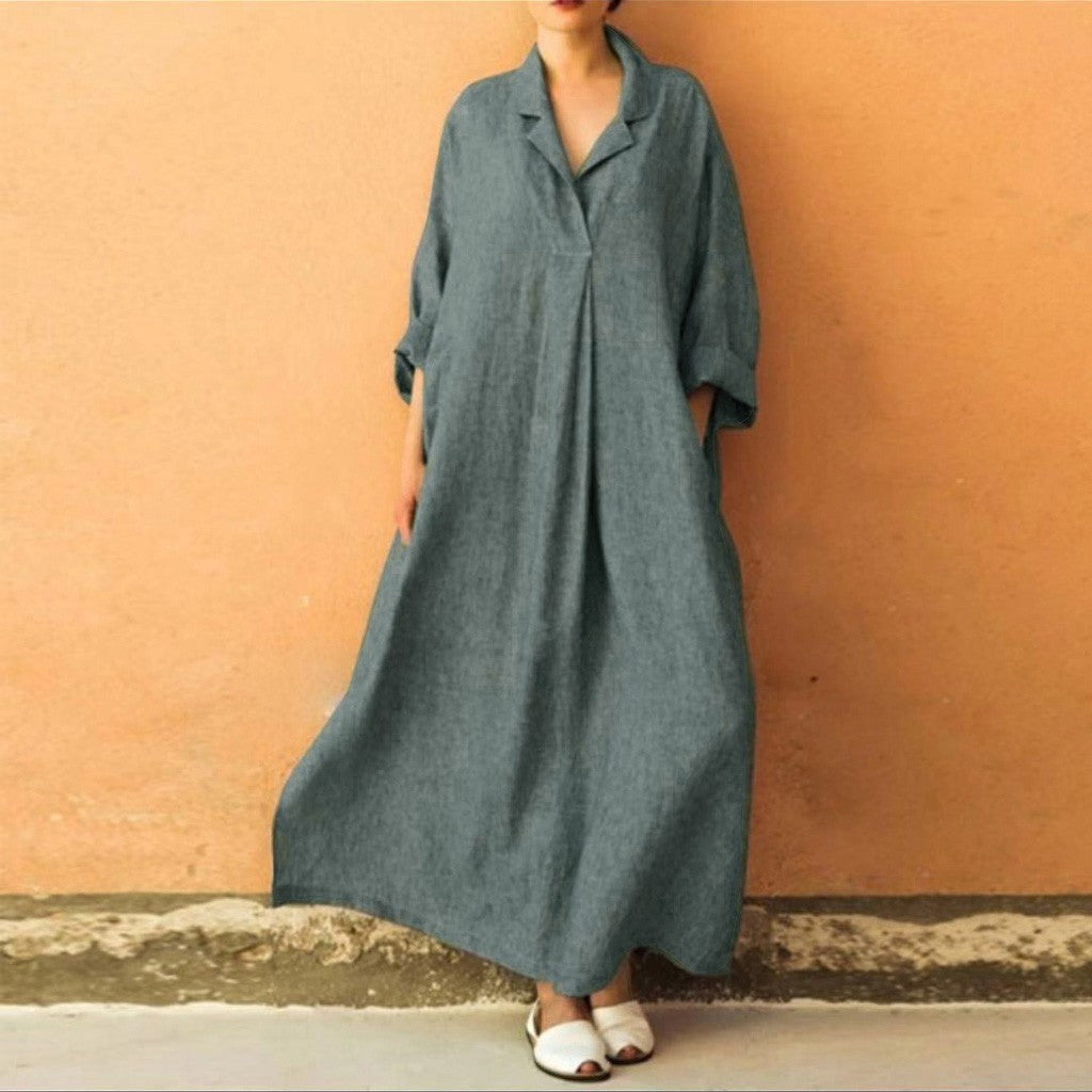 Long Sleeve Cotton Linen Maxi Dress