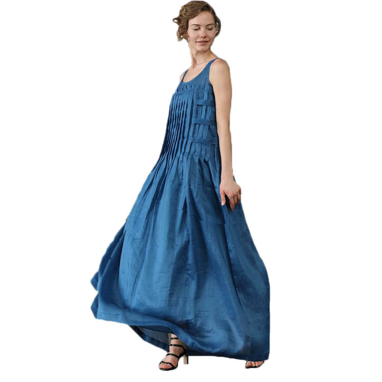 Pleated Casual Cotton Linen Blue Maxi Dress
