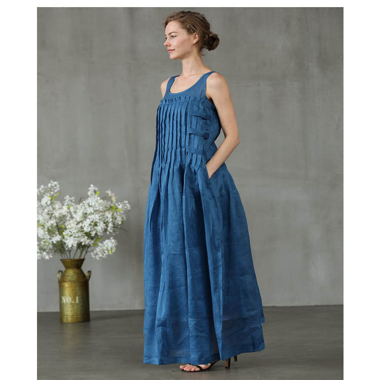 Pleated Casual Cotton Linen Blue Maxi Dress