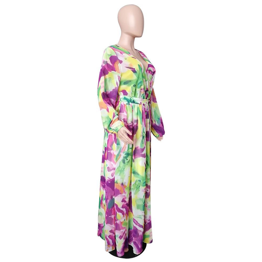 Stripe Floral Print Long Sleeve Chiffon V Neck Casual Boho Maxi Dress S-2XL