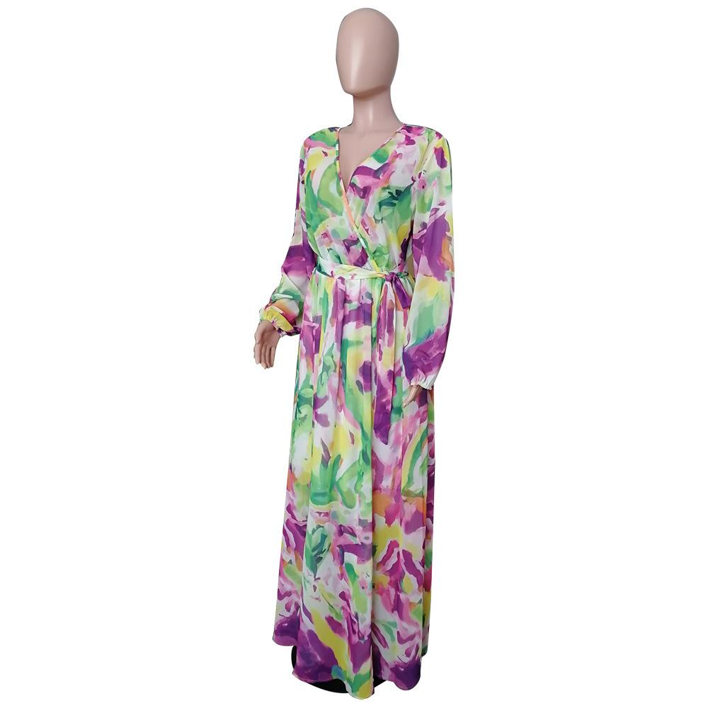 Stripe Floral Print Long Sleeve Chiffon V Neck Casual Boho Maxi Dress S-2XL