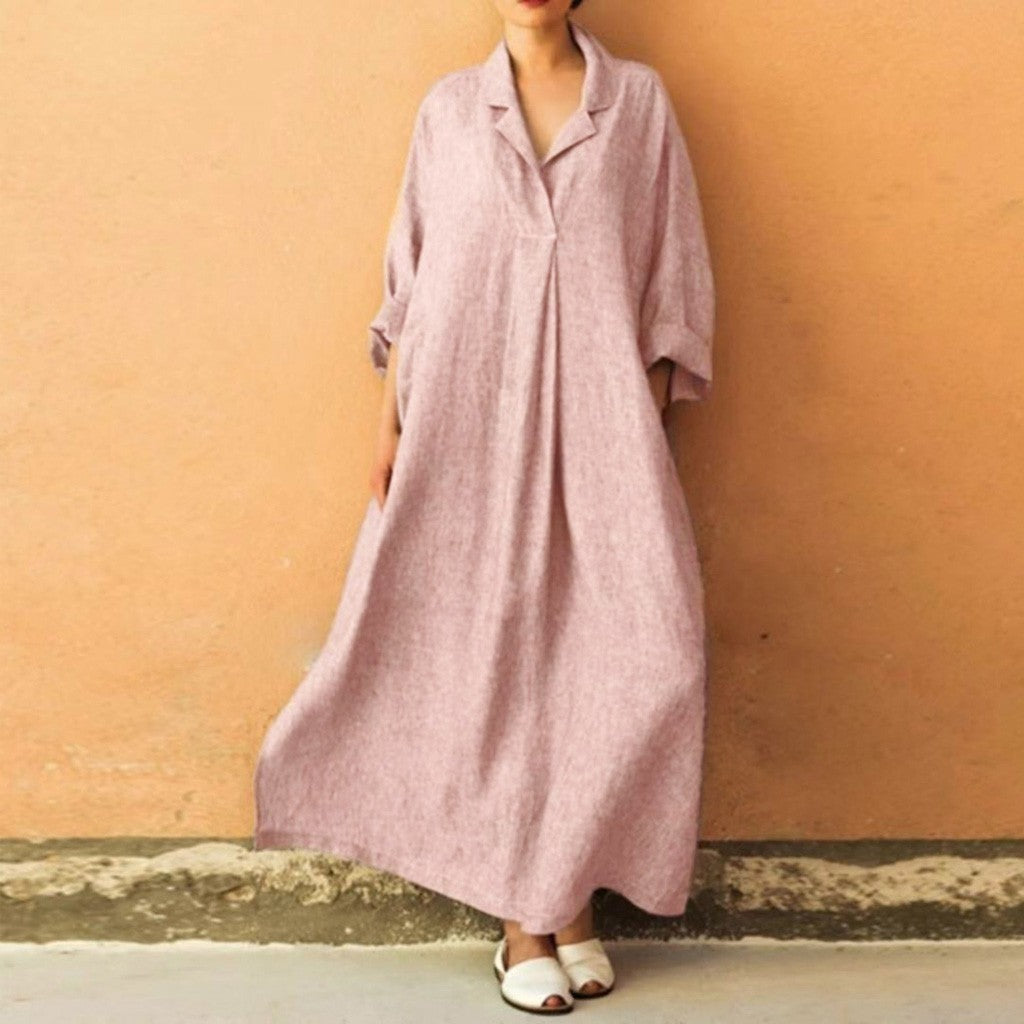 Long Sleeve Cotton Linen Maxi Dress