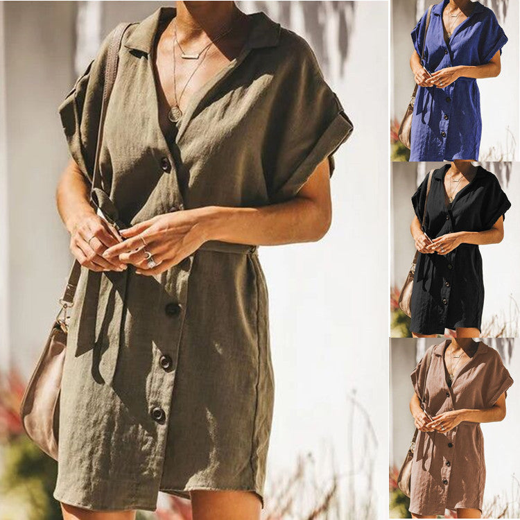 Solid Short Sleeve Button Plus Size Vacation Mini Dress