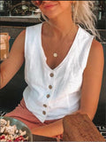 Sleeveless V-neck Cotton and Linen Shirt