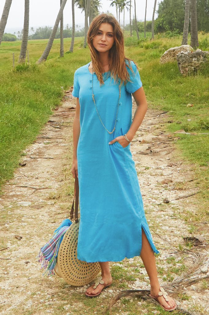 Solid Color Round Neck Mid-Length Cotton Linen Dress