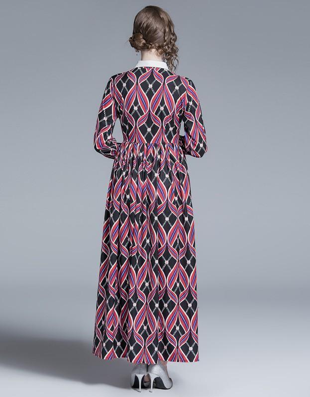 Retro Geometric Print Lapel Long Sleeve Fashion Slim Dress