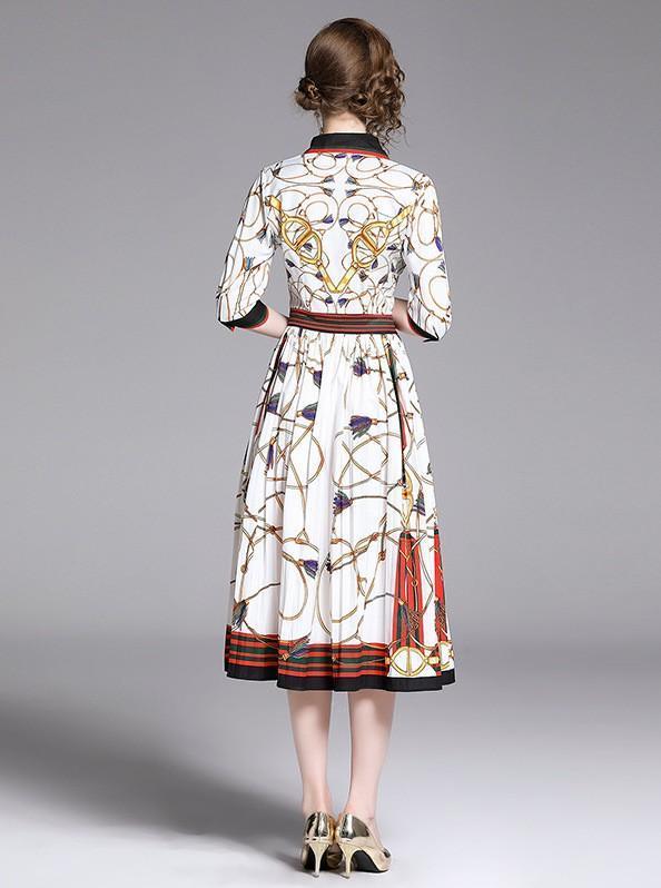 Retro Floral Print Long Sleeves Midi Dress
