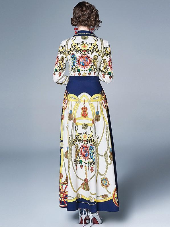V-neck Long-sleeved Vintage Print Slim Long Dress