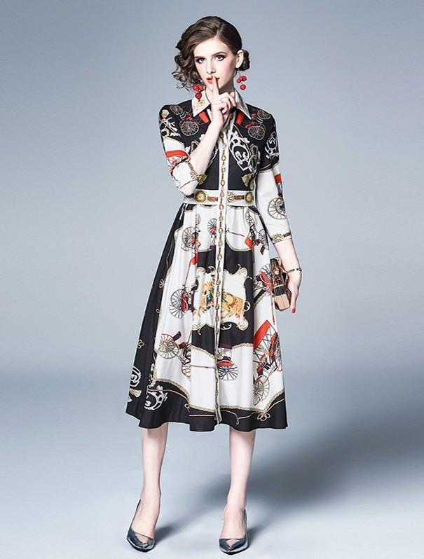 Vintage Print Slim Mid-length Fashion Dress