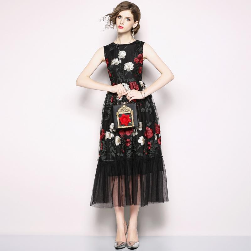 Fashion Sleeveless Tank Mesh Embroidered Midi Dress