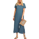 Solid Color Round Neck Mid-Length Cotton Linen Dress