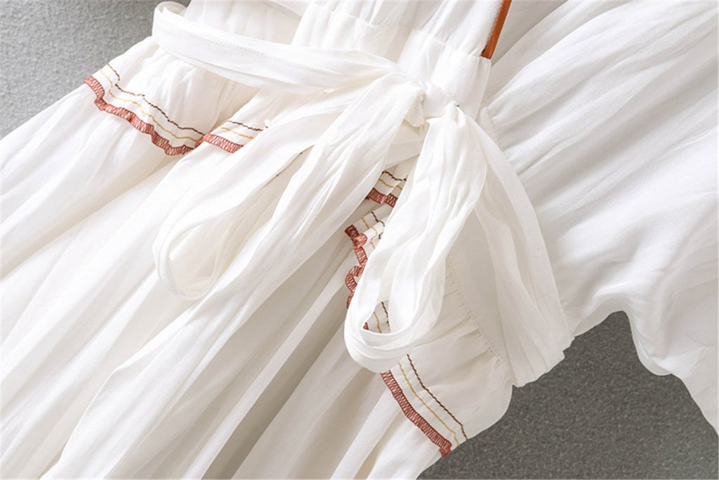 V-neck White Women Long Sleeves Casual Cotton Contrast Trim Dresses