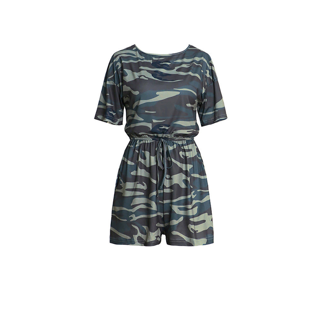 Camouflage Round Neck Elastic Waistband Short Sleeve Jumpsuit