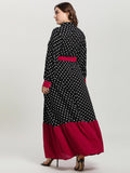 Turn Down Collar Long Sleeve Polka Dot Print Multicolor Elegant Belt Maxi Dress M-4XL