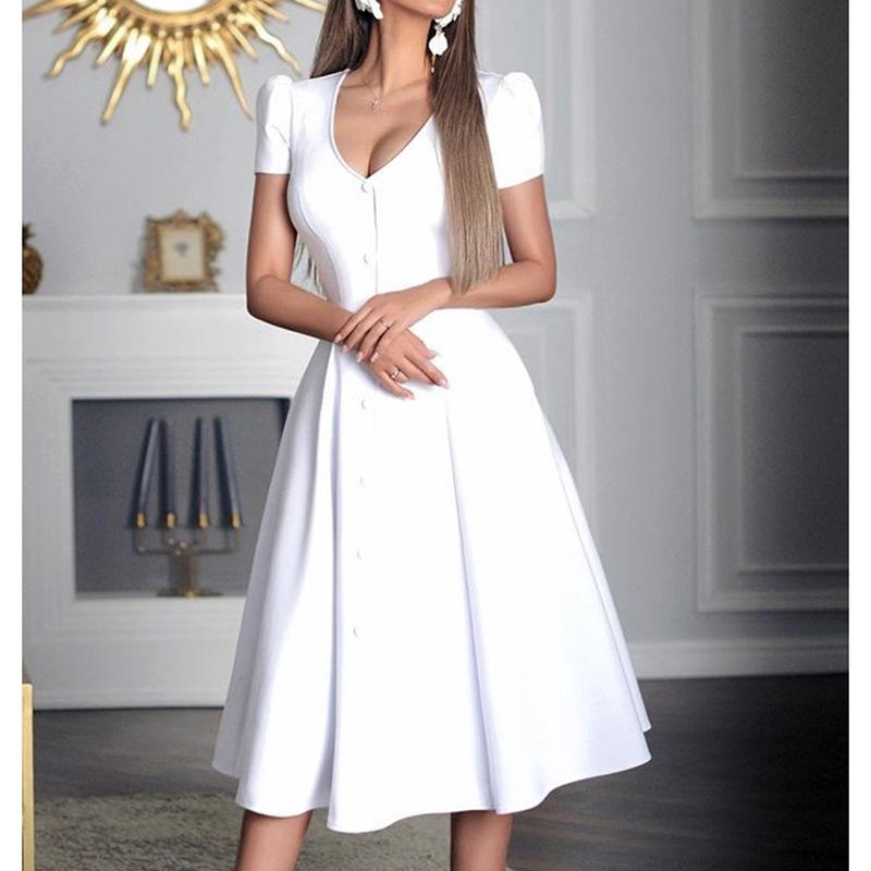 Elegant Solid Color Button V-neck Short Sleeve Pleated Dress S-XL